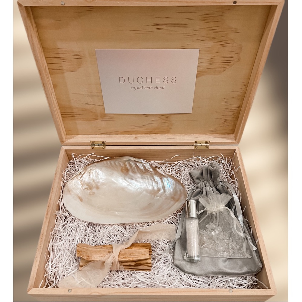 Rose Quartz Crystal Bath Infusion Set with Mother of Pearl Shell Palo Santo